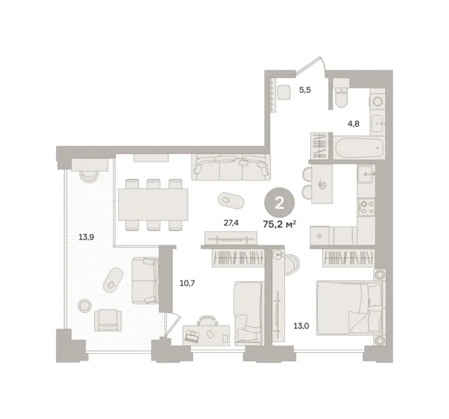 2 комн. Квартира 75.2 кв. м