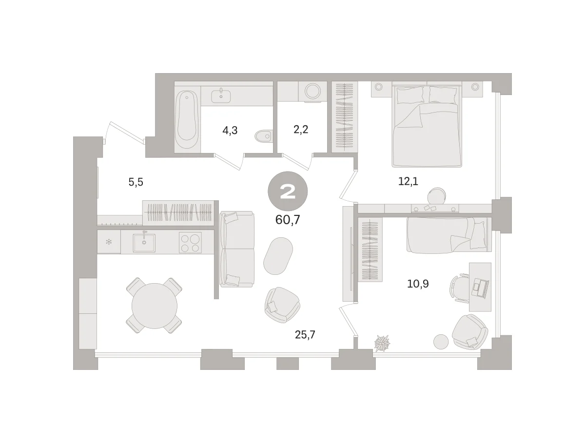 2 комн. Квартира 60.7 кв. м