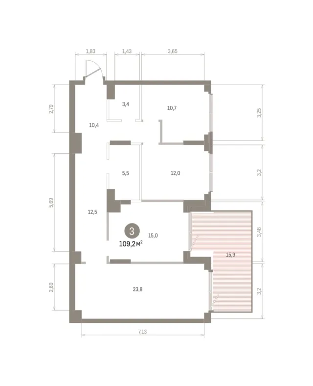 3 комн. Квартира 109.2 кв. м