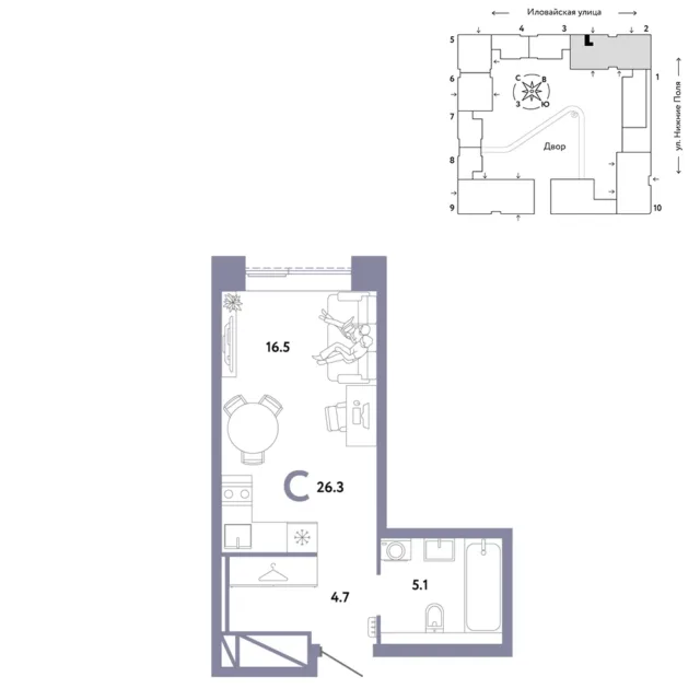 1 комн. Квартира 26.3 кв. м