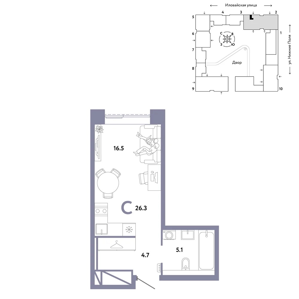 1 комн. Квартира 26.3 кв. м