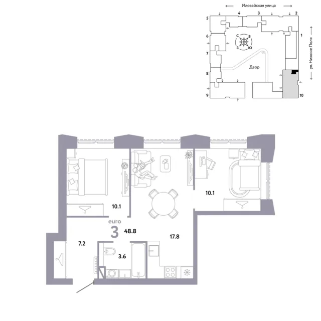 3 комн. Квартира 48.8 кв. м