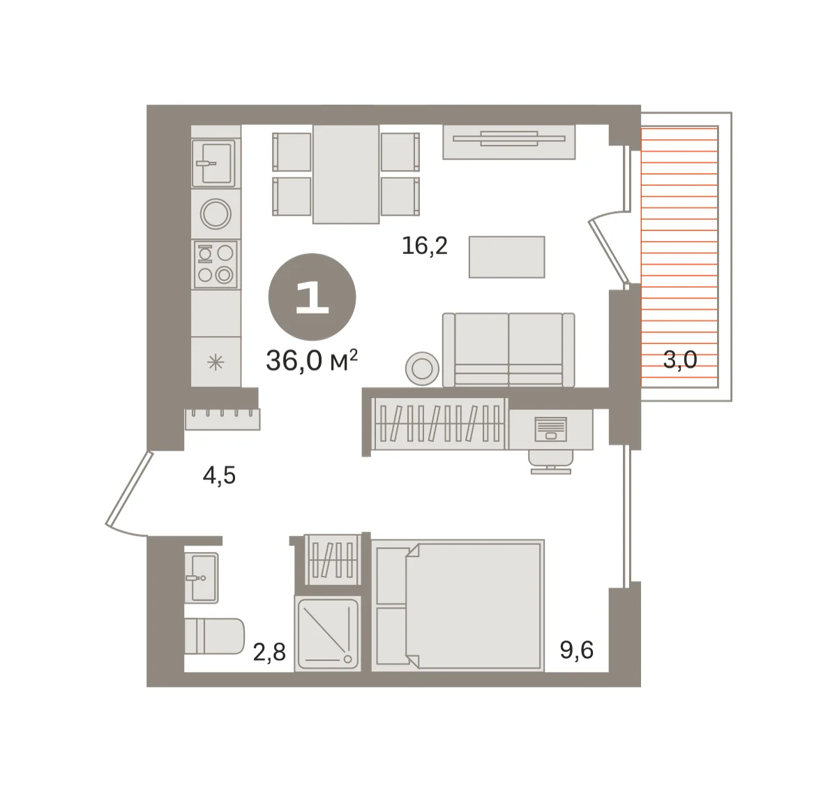 1 комн. Квартира 36 кв. м