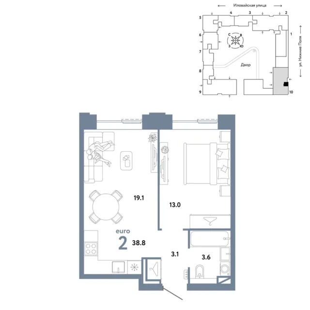 2 комн. Квартира 38.8 кв. м