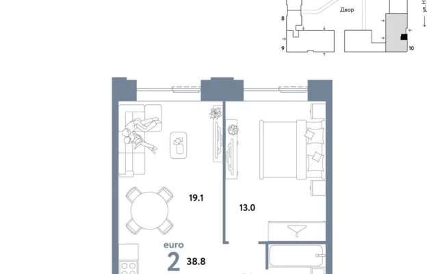 2 комн. Квартира 38.8 кв. м, Москва