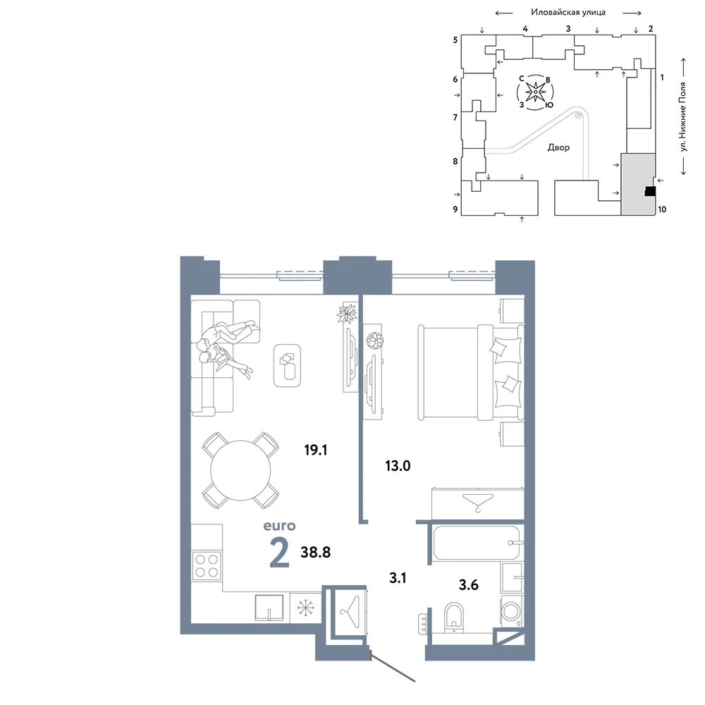 2 комн. Квартира 38.8 кв. м