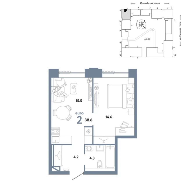 2 комн. Квартира 38.6 кв. м