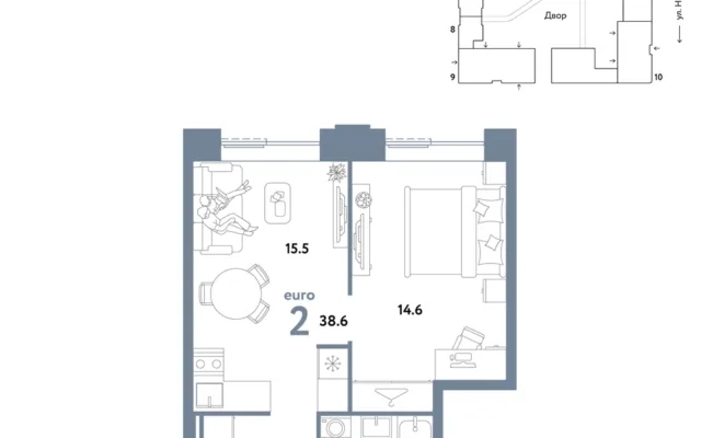 2 комн. Квартира 38.6 кв. м, Москва