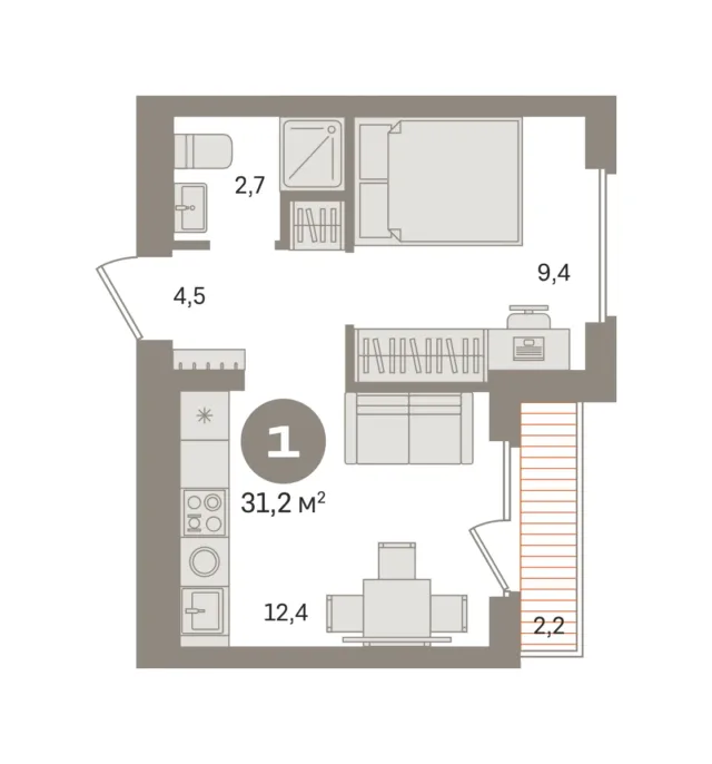1 комн. Квартира 31.2 кв. м