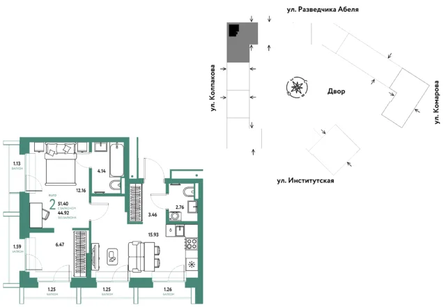 2 комн. Квартира 51.4 кв. м