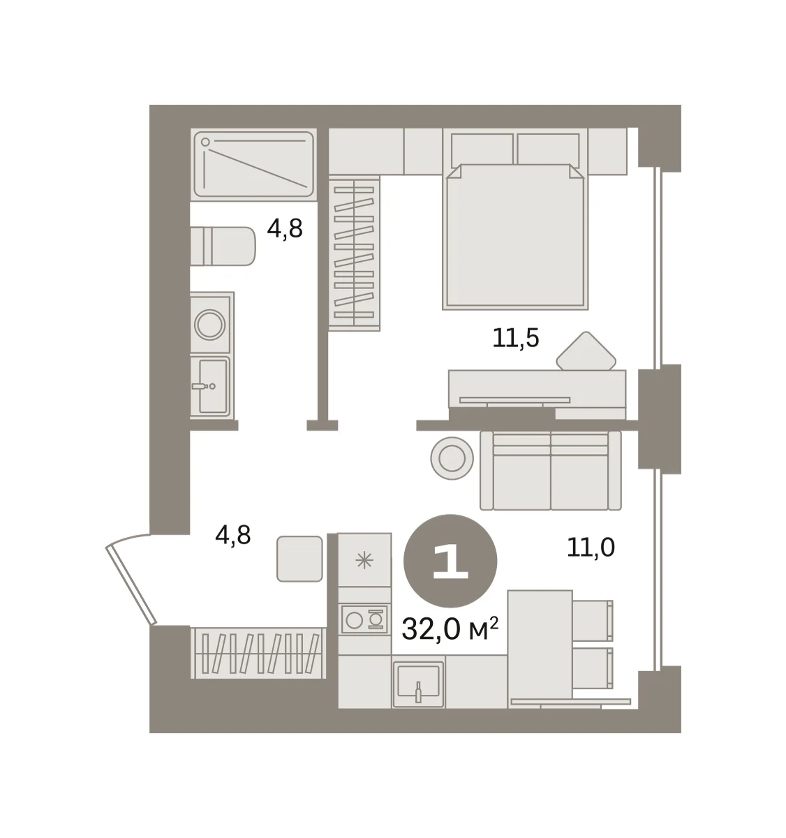 1 комн. Квартира 32 кв. м
