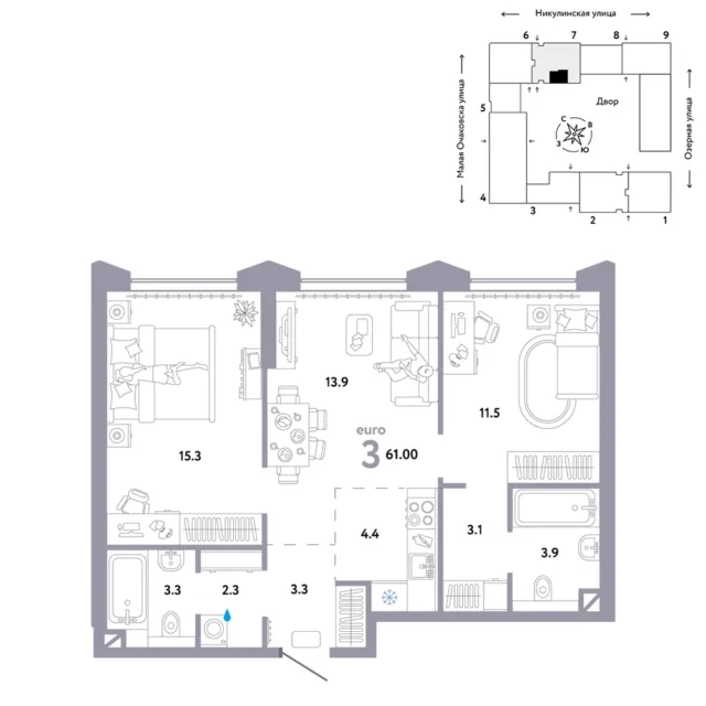 3 комн. Квартира 61 кв. м
