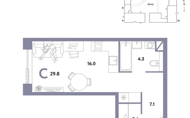 1 комн. Квартира 29.8 кв. м, Москва