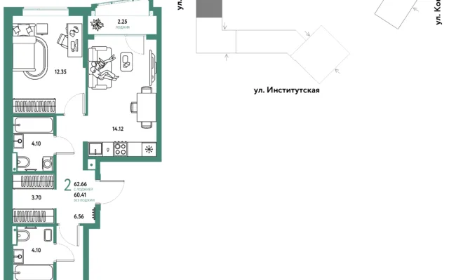 2 комн. Квартира 62.7 кв. м, Москва