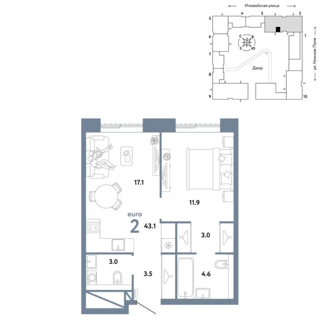 2 комн. Квартира 43.1 кв. м