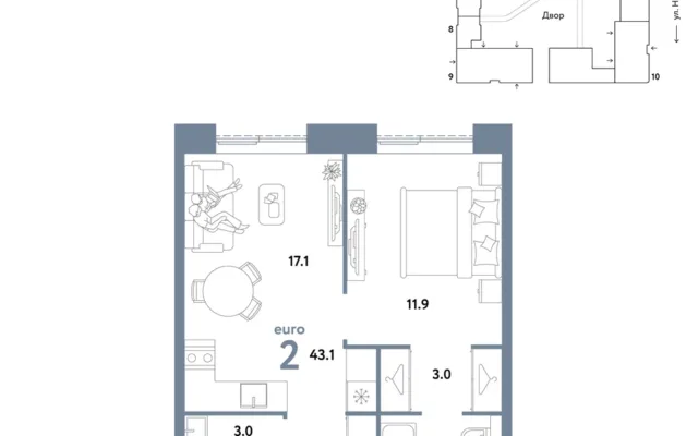 2 комн. Квартира 43.1 кв. м, Москва