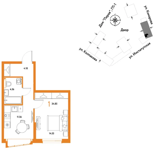 1 комн. Квартира 34.9 кв. м