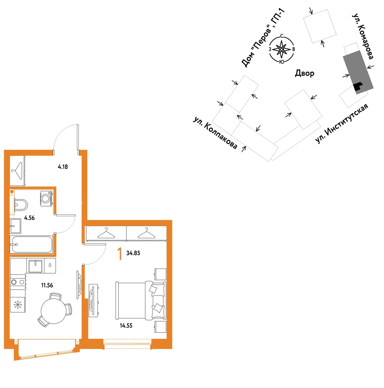 1 комн. Квартира 34.9 кв. м