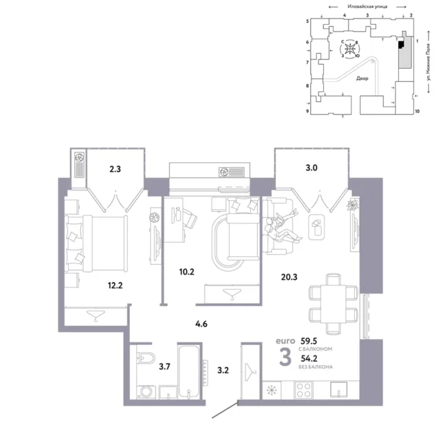 3 комн. Квартира 59.5 кв. м