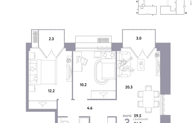 3 комн. Квартира 59.5 кв. м, Москва