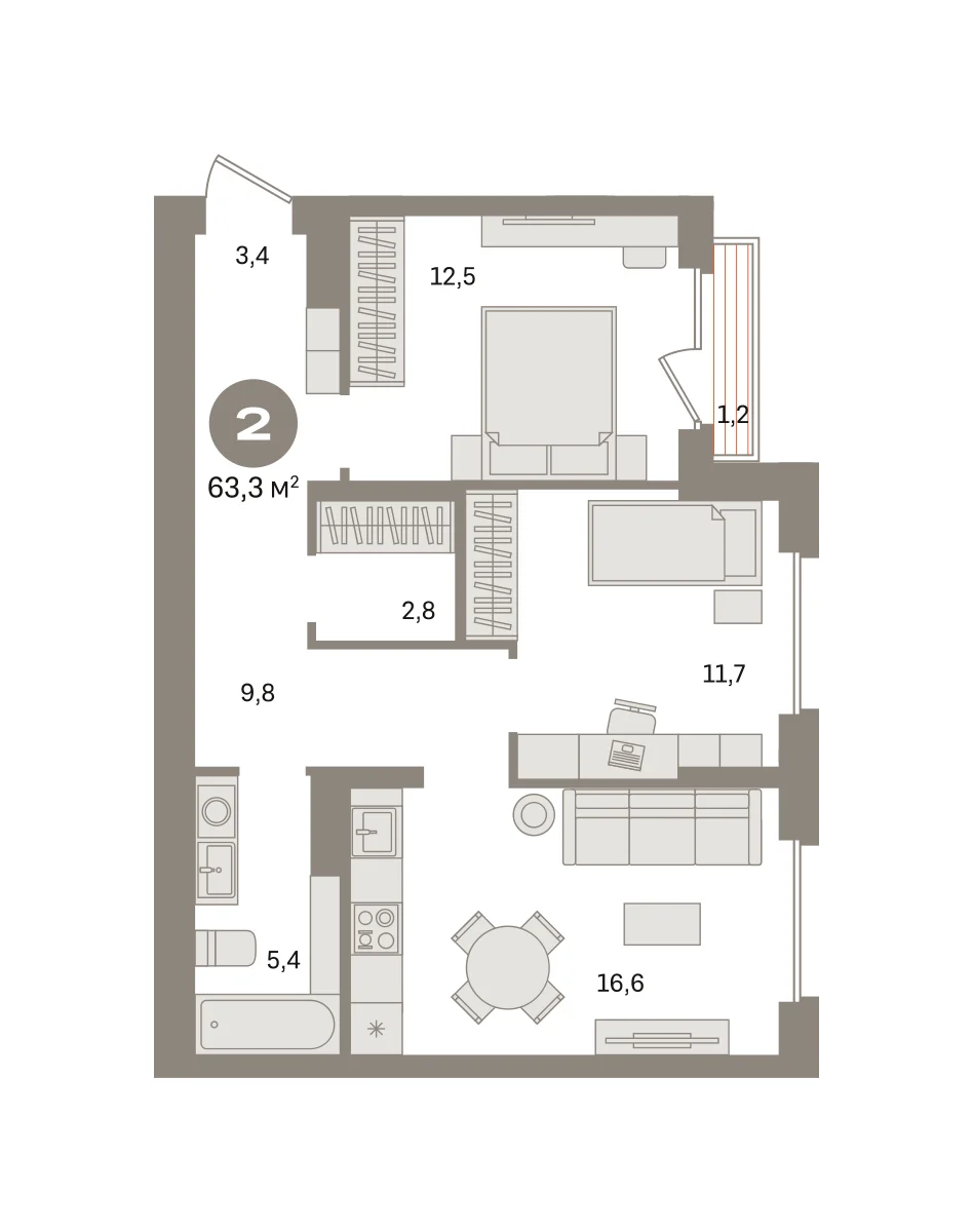 2 комн. Квартира 63.3 кв. м