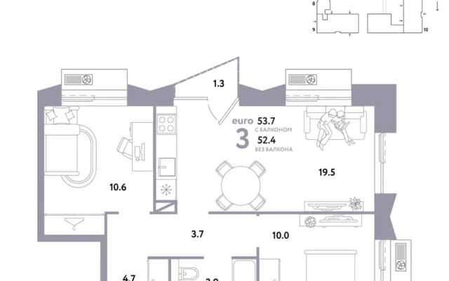 3 комн. Квартира 53.7 кв. м, Москва