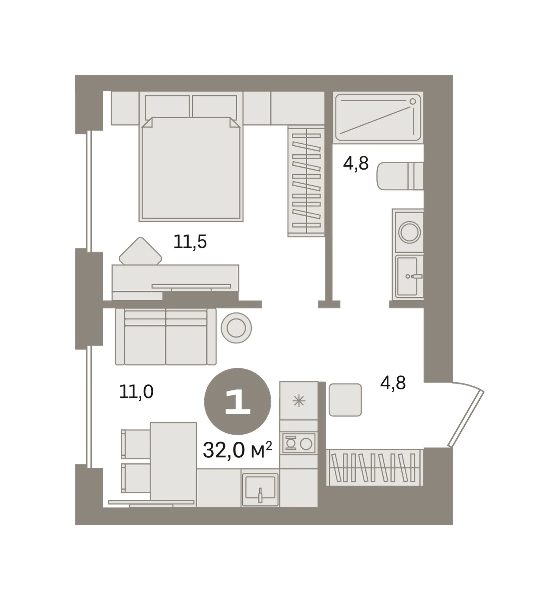 1 комн. Квартира 32 кв. м