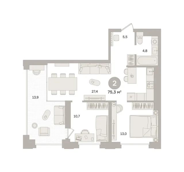 2 комн. Квартира 75.3 кв. м