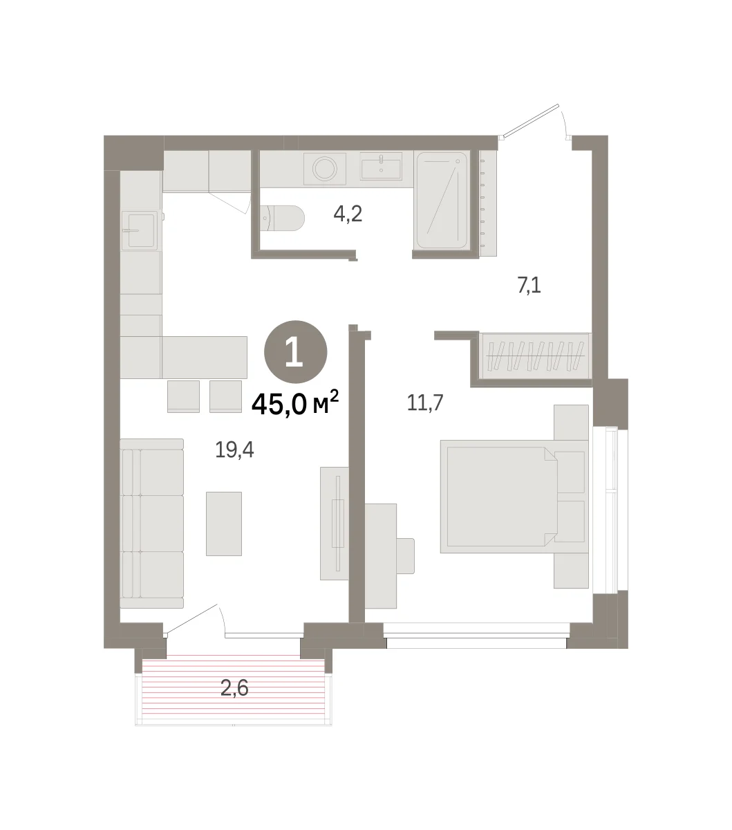 1 комн. Квартира 45 кв. м
