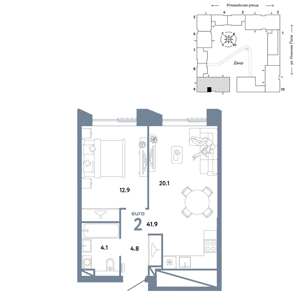2 комн. Квартира 41.9 кв. м