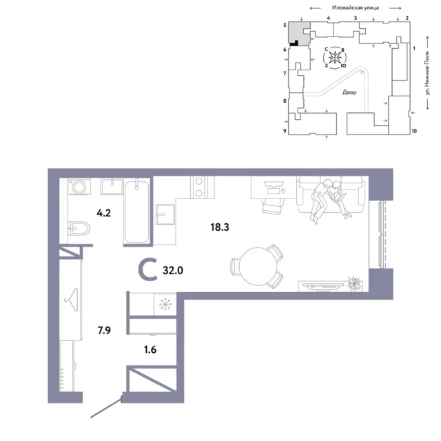 1 комн. Квартира 32 кв. м