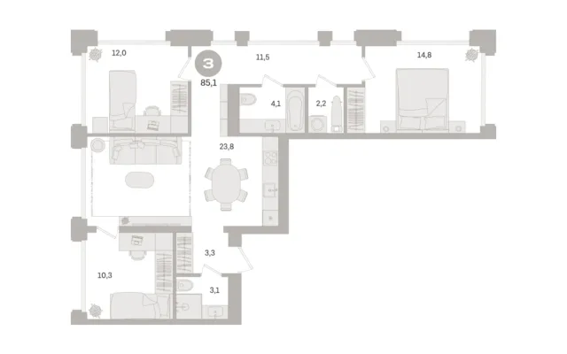 3 комн. Квартира 85.1 кв. м, Московская область Москва