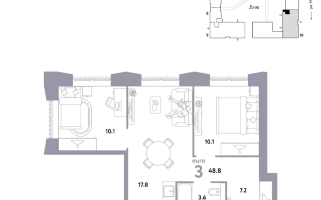 3 комн. Квартира 48.8 кв. м, Москва