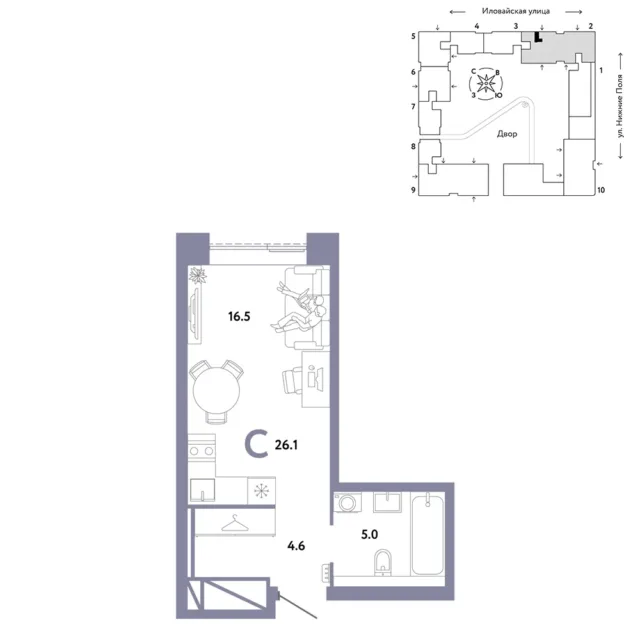 1 комн. Квартира 26.1 кв. м