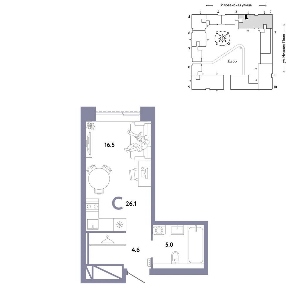 1 комн. Квартира 26.1 кв. м