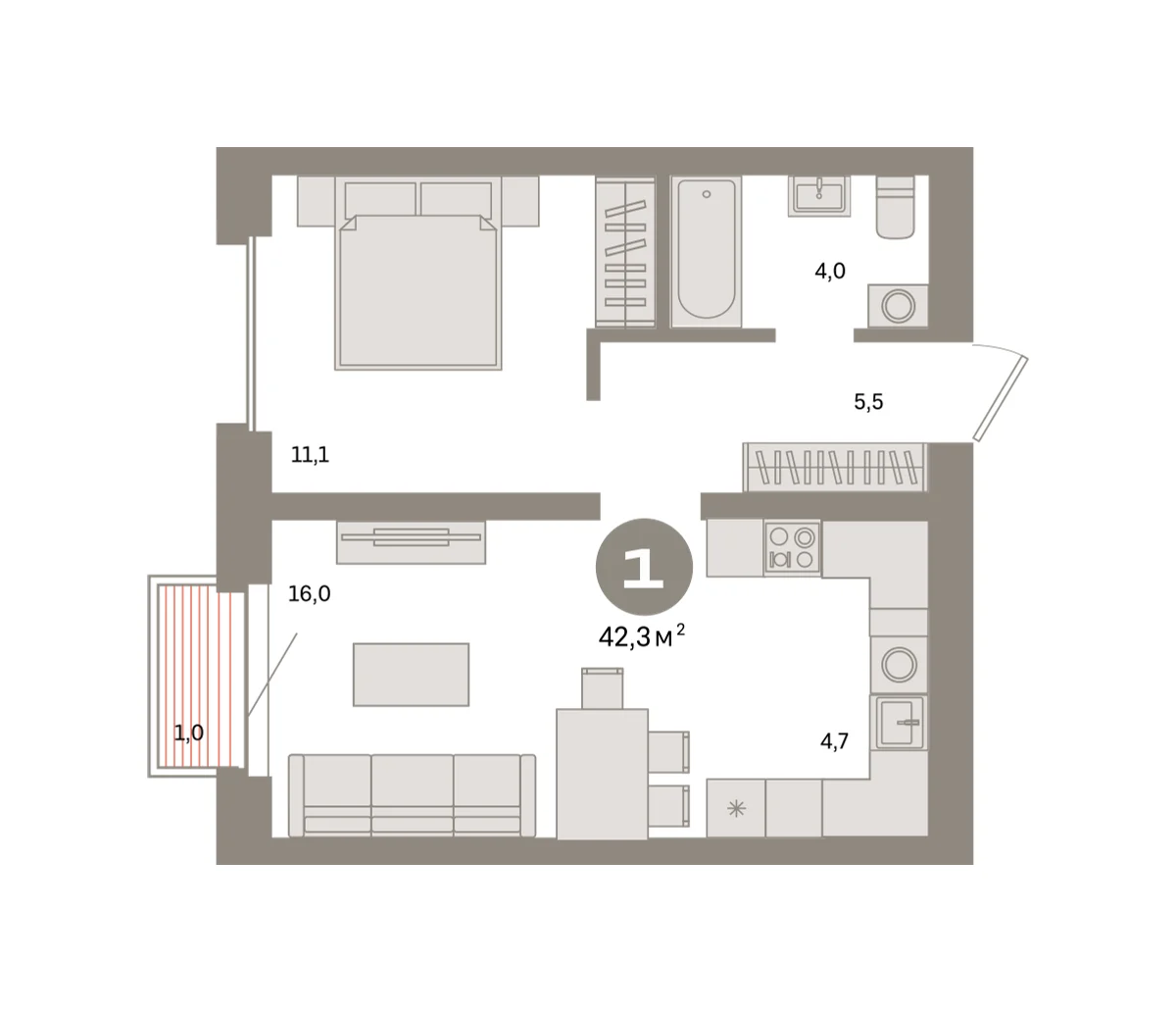 1 комн. Квартира 42.3 кв. м