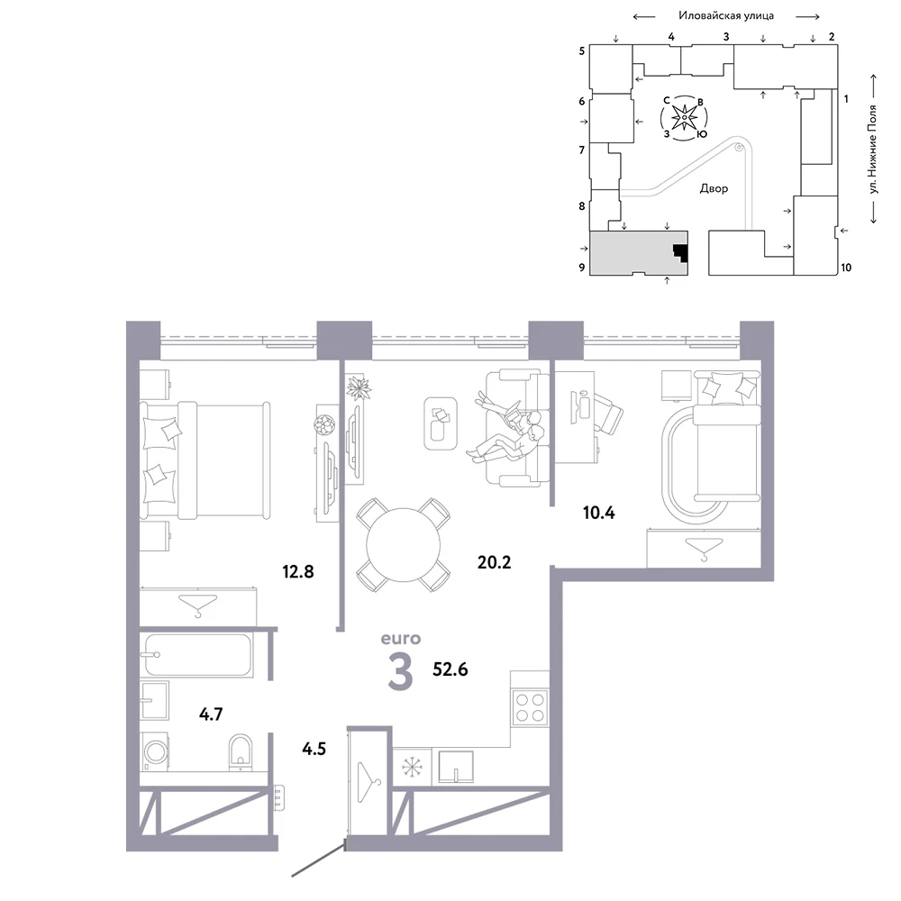 3 комн. Квартира 52.6 кв. м