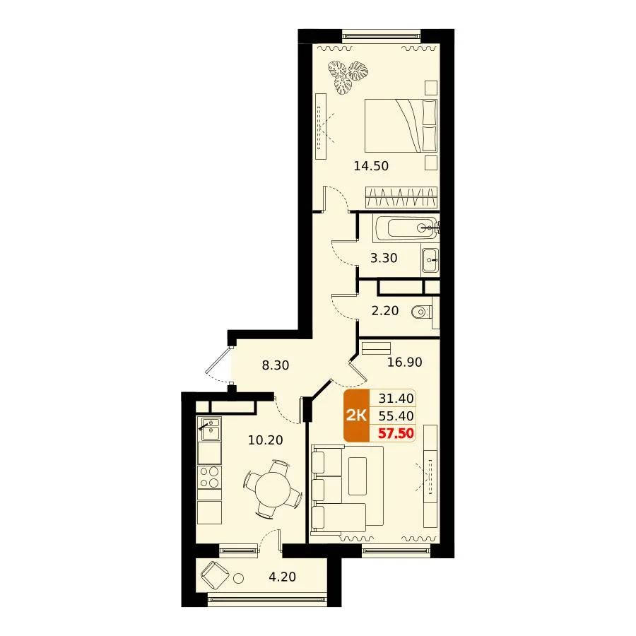 2 комн. Квартира 57.5 кв. м