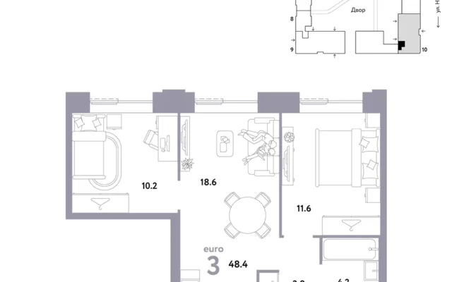 3 комн. Квартира 48.4 кв. м, Москва