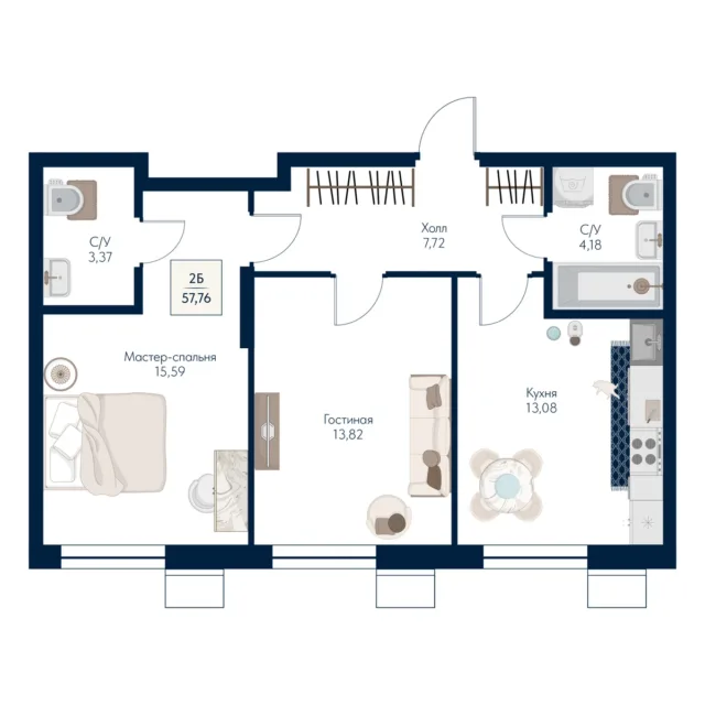 2 комн. Квартира 57.8 кв. м