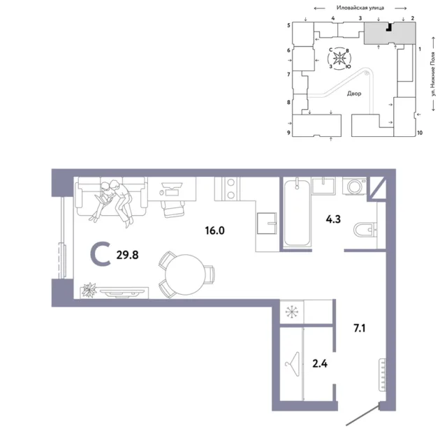 1 комн. Квартира 29.8 кв. м