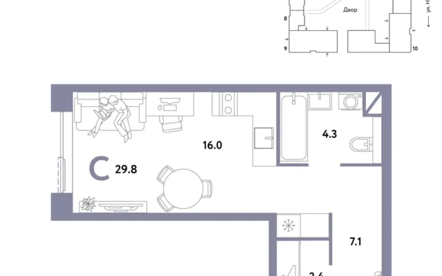 1 комн. Квартира 29.8 кв. м, Москва