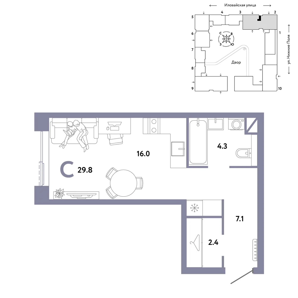 1 комн. Квартира 29.8 кв. м