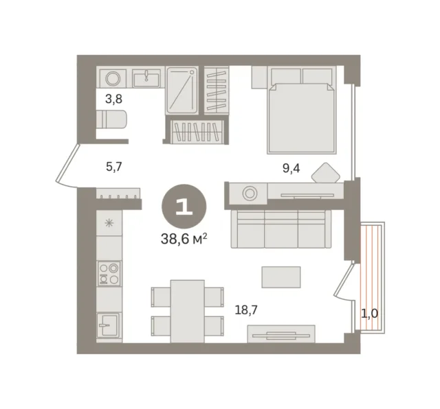 1 комн. Квартира 38.6 кв. м