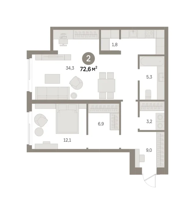 2 комн. Квартира 72.6 кв. м