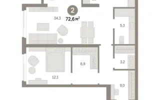 2 комн. Квартира 72.6 кв. м