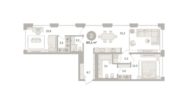 2 комн. Квартира 85.1 кв. м
