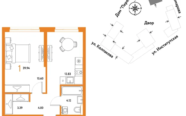 1 комн. Квартира 39.9 кв. м, Москва
