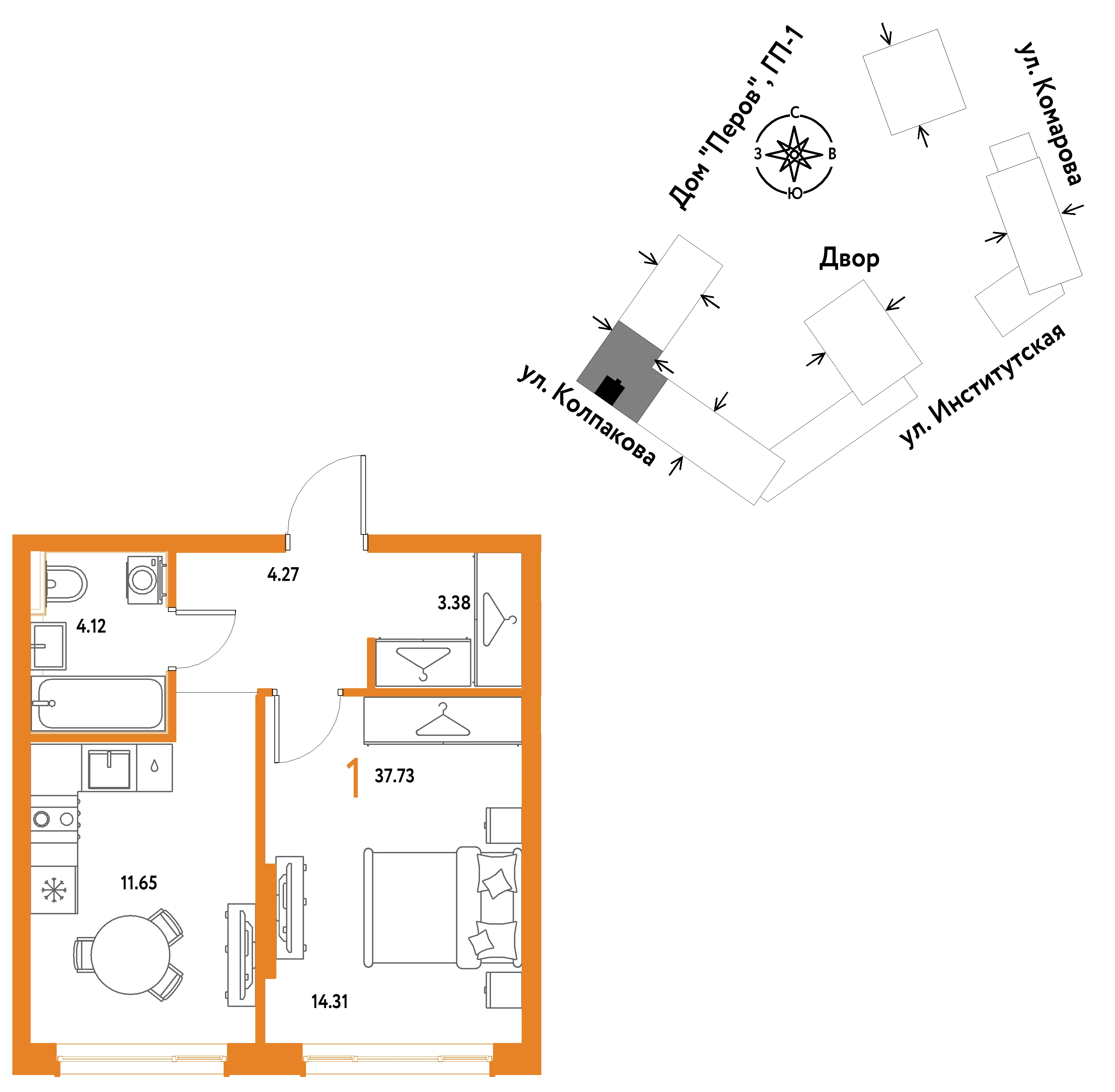 1 комн. Квартира 37.7 кв. м