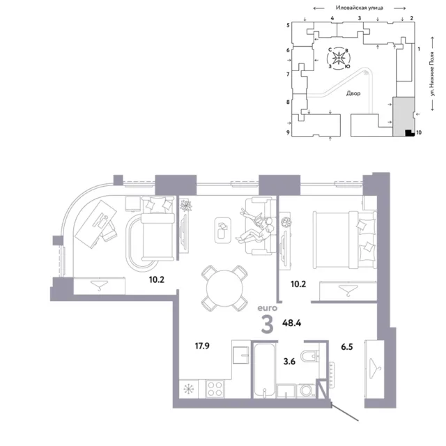 3 комн. Квартира 48.4 кв. м